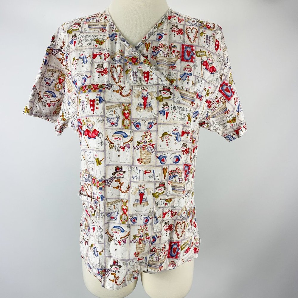 Peaches Small Christmas Snowman Scrub Top Holiday